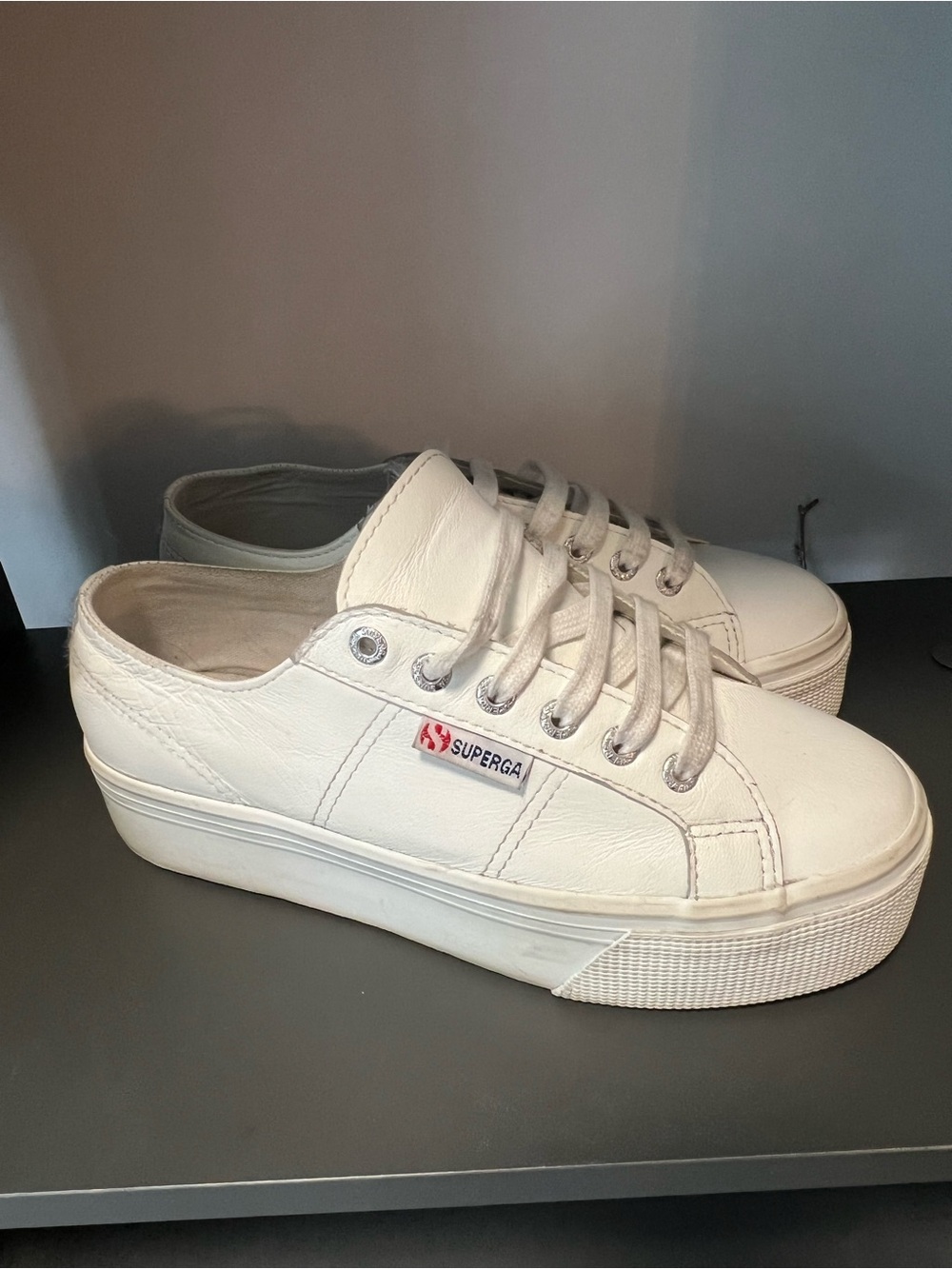 Superga White Leather Platform Sneakers for Women